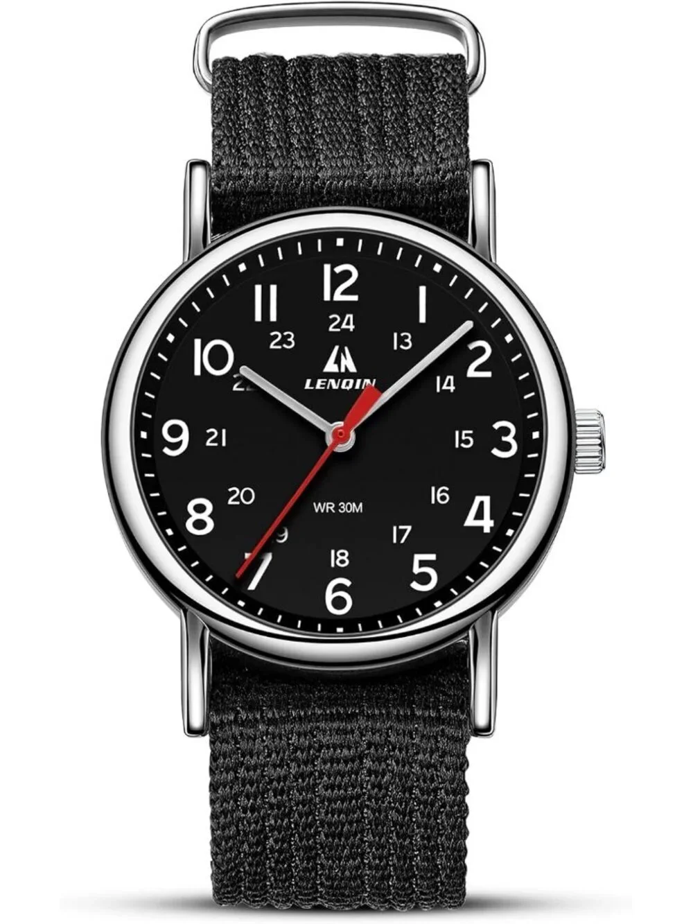 Men's Black Silver Nylon Strap Stylish Luminous Unisex Military Tactical Watch